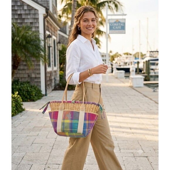 Lauren Ralph Lauren Handbags - Lauren Ralph Lauren Woven Straw Basket Tote Bag PlaidMulticolor Canvas Beach Bag